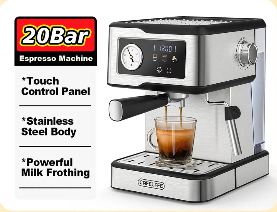 Cafeliffe espresso machine with features listed on a beige background