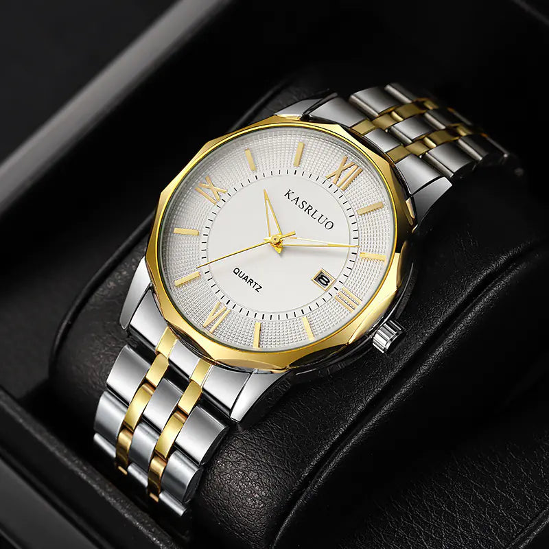 Luxury watch with silver and gold band on a dark background