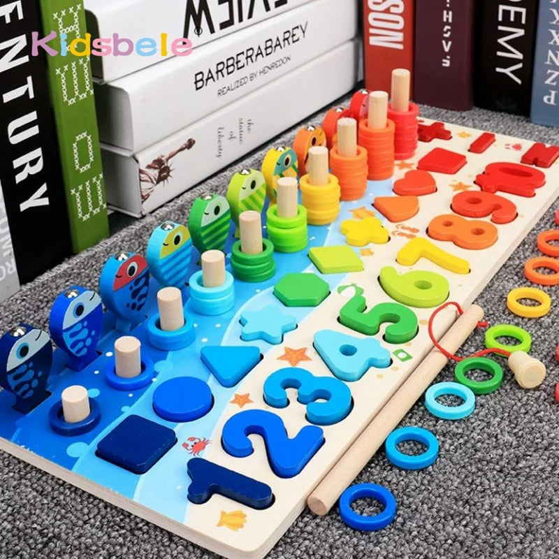 Colorful educational toy with numbers and shapes on a carpeted floor.