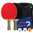 Two ping pong paddles with red and black paddles and a blue case labeled 'Regal Professional' on a white background.