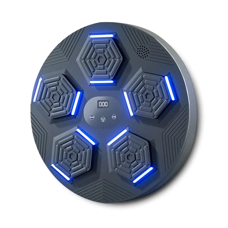 Round electronic device with blue LED lights on a white background
