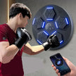 Person wearing boxing gloves interacting with a boxing bag and smartphone, with text about Bluetooth connectivity.
