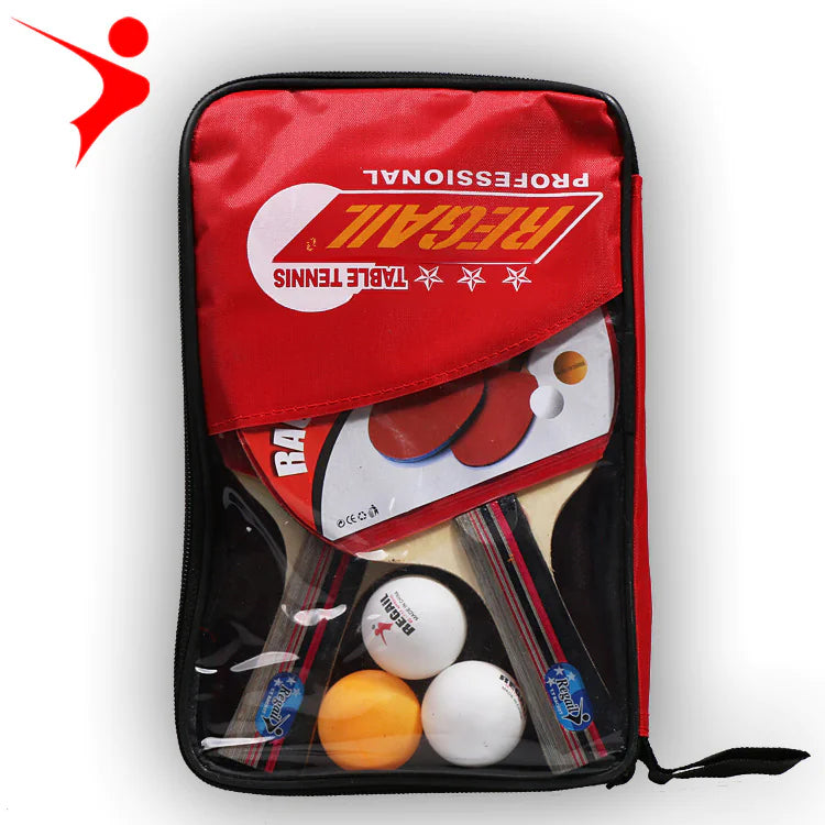 Table tennis racket and ball set in a red carrying case with visible brand logo.