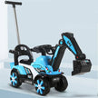 Children's toy excavator with push handle and lights on a light blue background