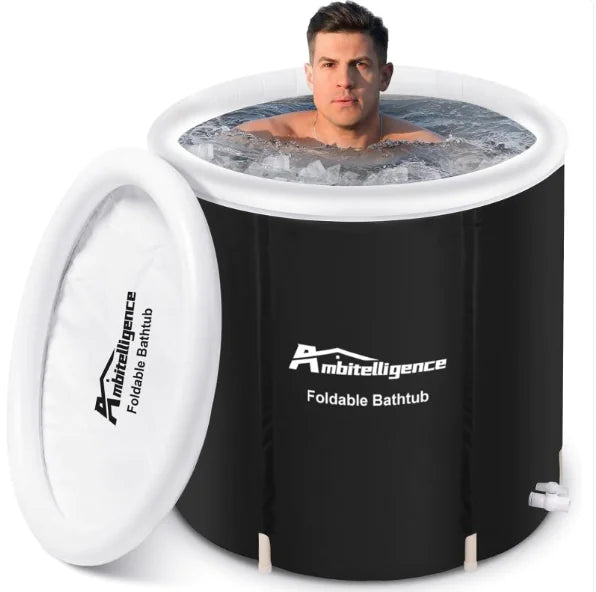 Man in a black foldable bathtub with 'Ambitelligence' branding on a white background