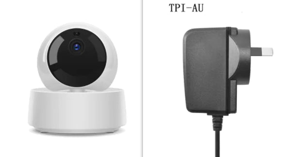 Smart home camera and power adapter on a white background