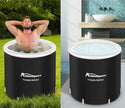 Foldable bathtub with Ambitelligence branding on a grassy area and indoors.