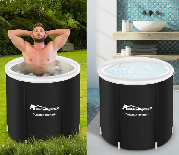 Foldable bathtub with Ambitelligence branding on a grassy area and indoors.