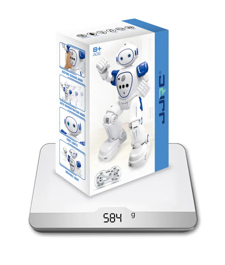 Robotic toy on a digital scale with packaging displaying product details