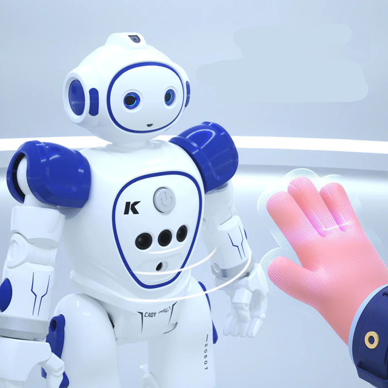 White and blue robot with gesture control capabilities on a light gray background