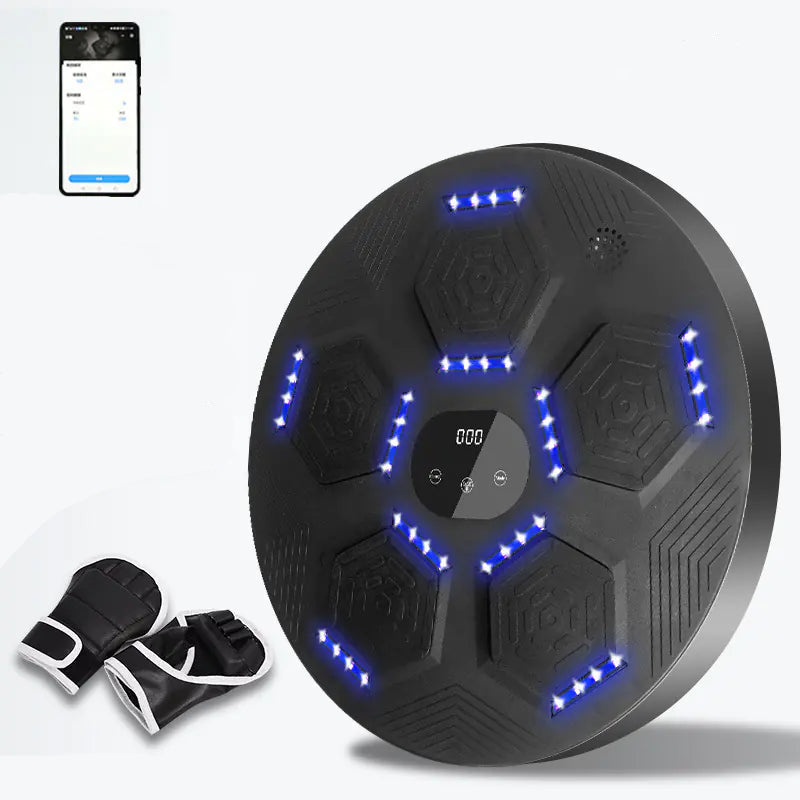 Black exercise device with blue lights and gloves on a white background