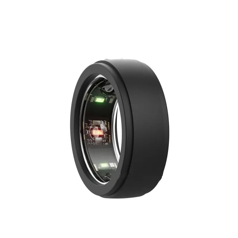 Black smart ring with electronic components on a white background
