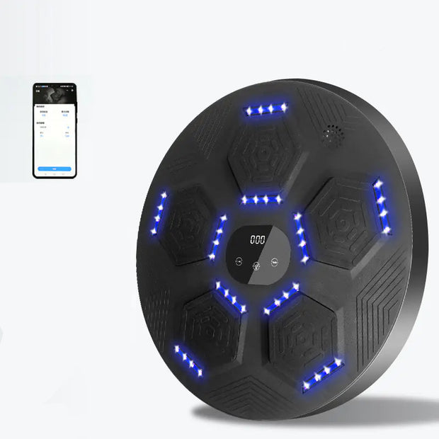 Black electronic device with blue lights and text on a white background
