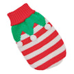 Knitted dog sweater with red, green, and white pattern on a white background