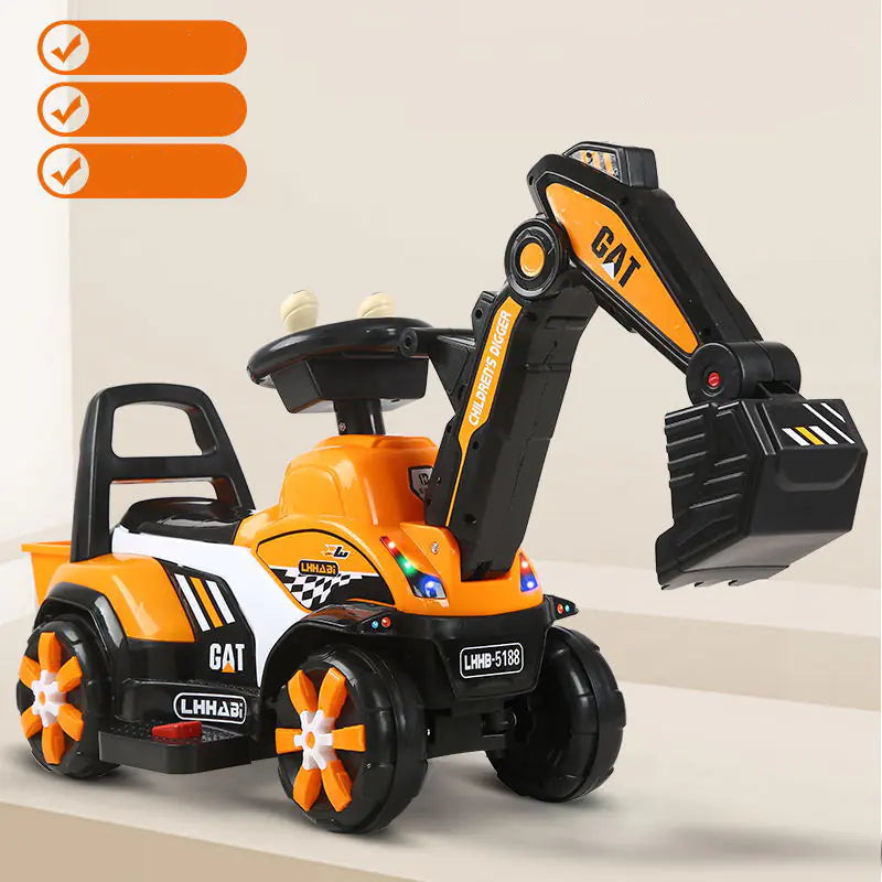 Children's toy excavator with orange and black design on a light gray background