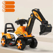 Children's toy excavator with orange and black design on a light gray background