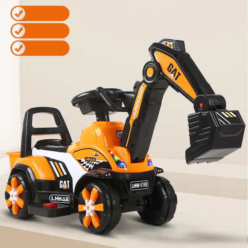 Toy excavator with orange and black colors on a light gray background