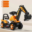 Toy excavator with orange and black colors on a light gray background