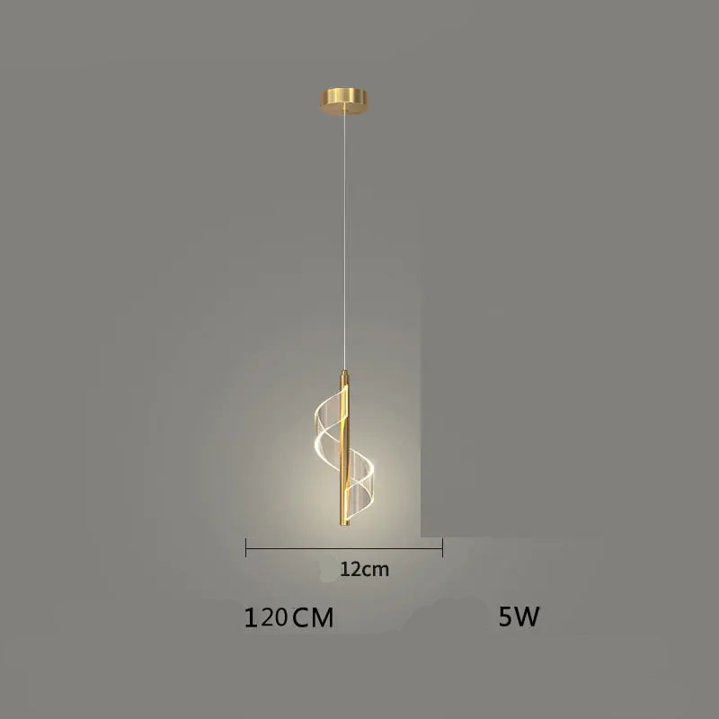 Gold spiral pendant light on a gray background with text and dimensions.