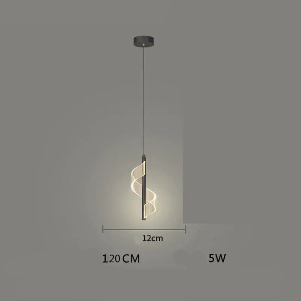 Modern pendant light with dimensions and specifications on a gray background