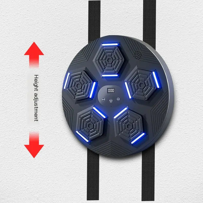 Round height adjustment device with blue lights on a white background