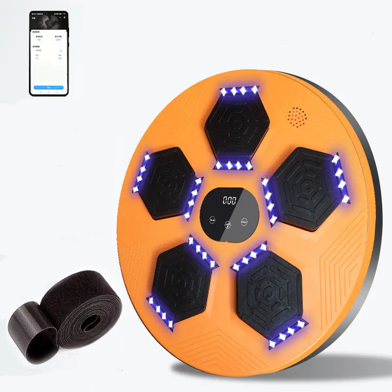 Orange exercise board with black hexagonal pads and LED lights, accompanied by a smartphone app interface.