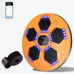 Orange exercise board with black hexagonal pads and LED lights, accompanied by a smartphone app interface.
