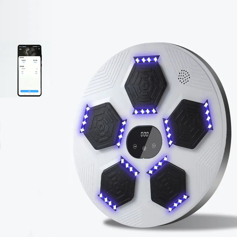 White electronic device with black hexagonal patterns and blue lights, accompanied by text and a smartphone app icon.