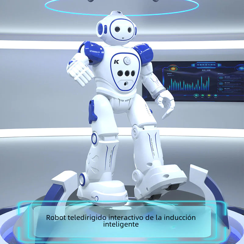 White and blue robot in a futuristic setting with digital display