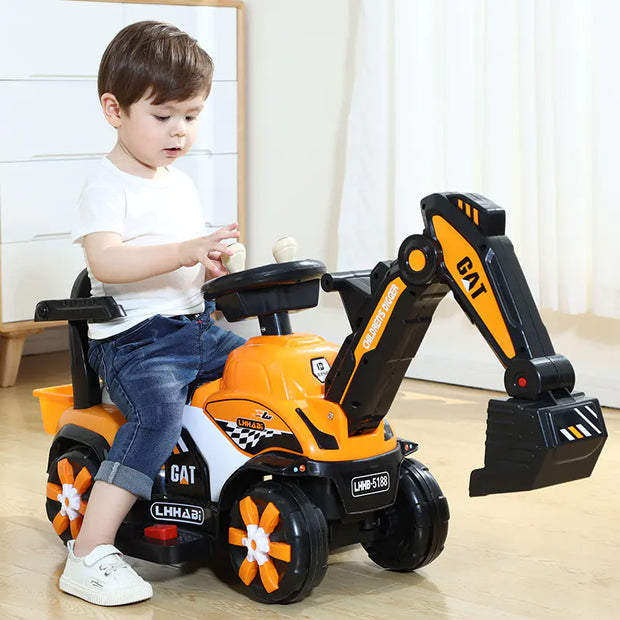Child playing with a toy excavator indoors