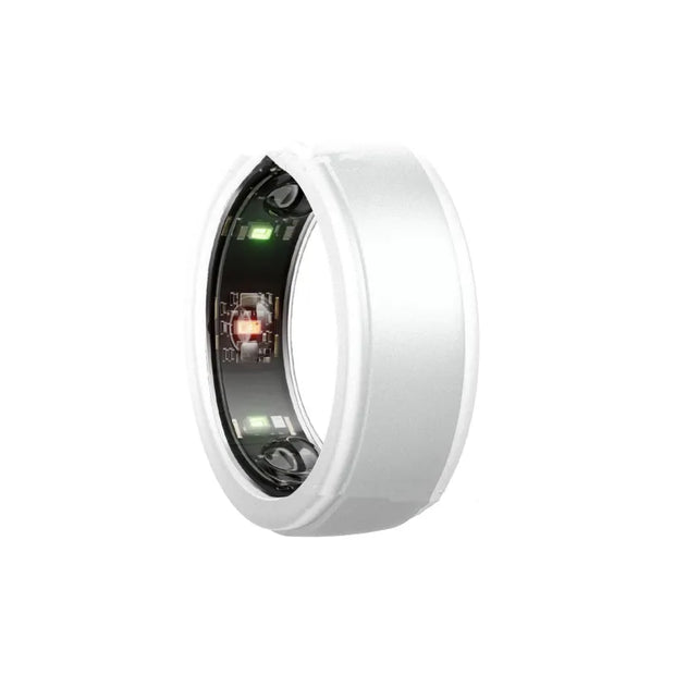 White smart ring with electronic components on a white background