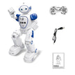 Toy robot with remote control, USB cable, and manual on a white background