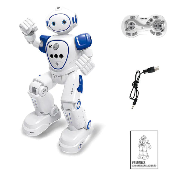 Toy robot with remote control, USB cable, and manual on a white background