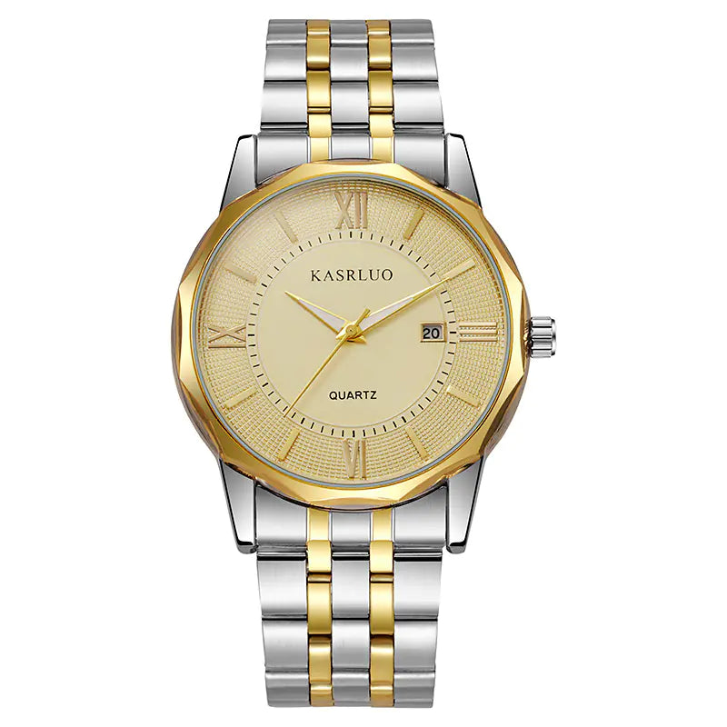 Two-tone silver and gold watch with a visible brand name on a white background