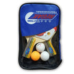 Regal table tennis set with two paddles and three balls in a blue carrying case.