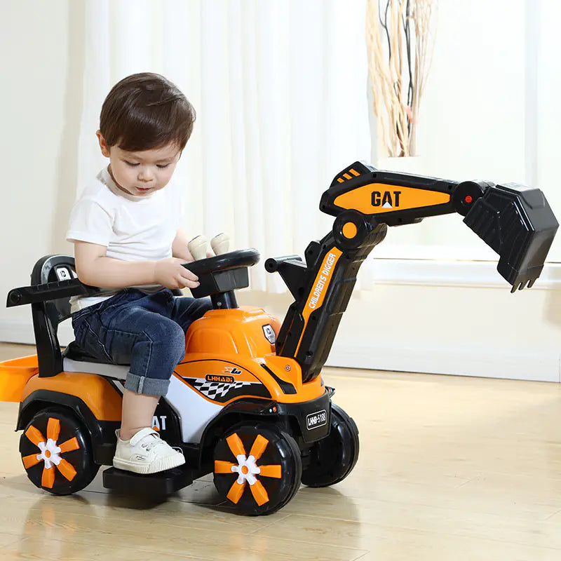 Child playing with a toy excavator on a wooden floor.