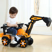 Child playing with a toy excavator on a wooden floor.