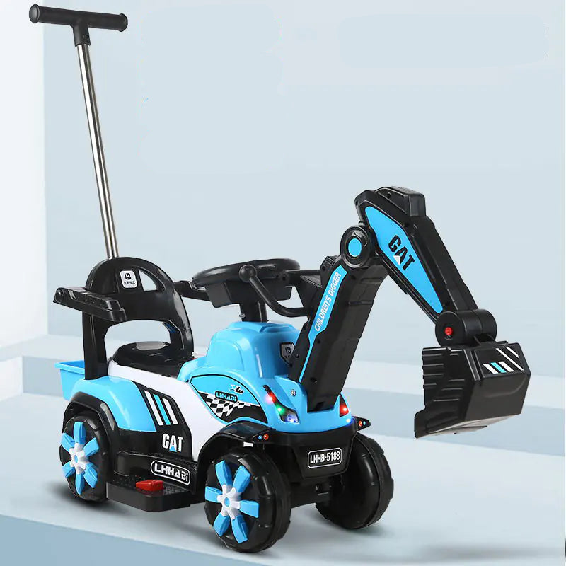 Children's toy excavator with blue and black design on a light gray background