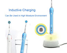 Electric toothbrushes with charging station and text about inductive charging.