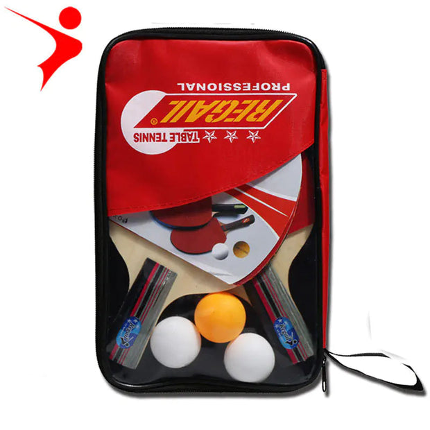 Red and black ping pong paddle case with paddle and balls on a white background